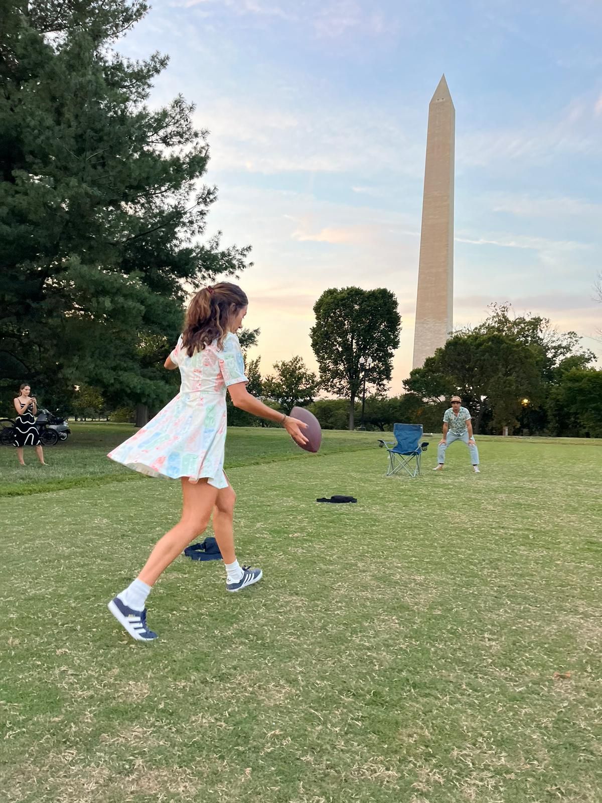 Family playing chairball
