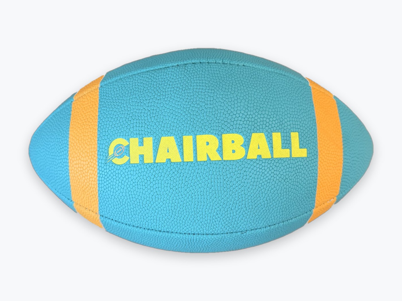 The Chairball ball, a teal and orange rubber football